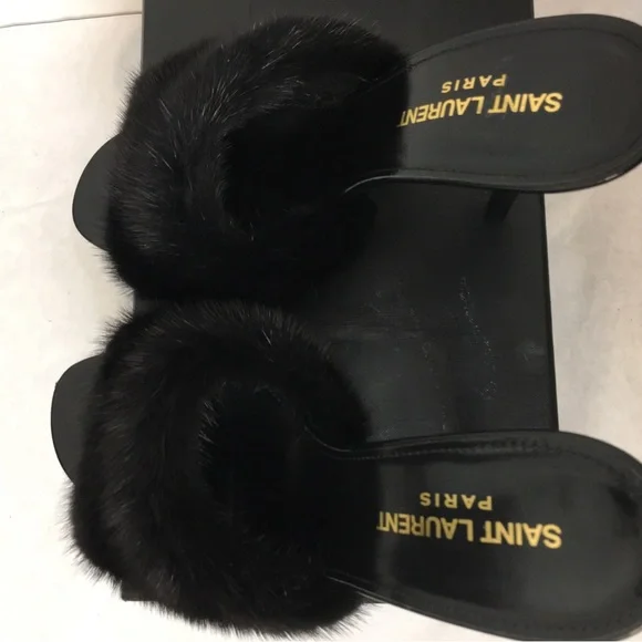 Saint Laurent Paris Roy Mink & Leather Mules Heels Size 38. Made in Italy - Picture 7 of 15